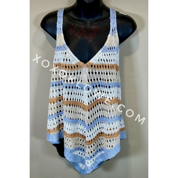 POL Blue + Orange Striped Crochet Open Knit Sleeveless Top - Picture 8 of 15